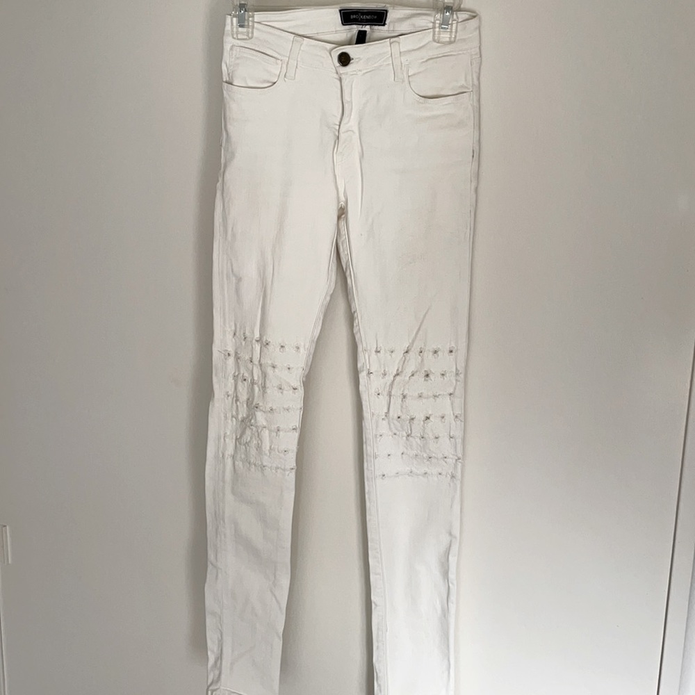 Brockenbow Emma medium waist distressed white handmade unique dyes jeans Sz 26